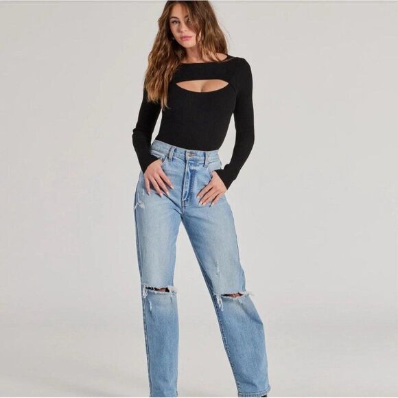 Windsor Casual Vibes Ribbed Knit Cutout Bodysuit Solid Black Long Sleeve Large - Picture 5 of 8